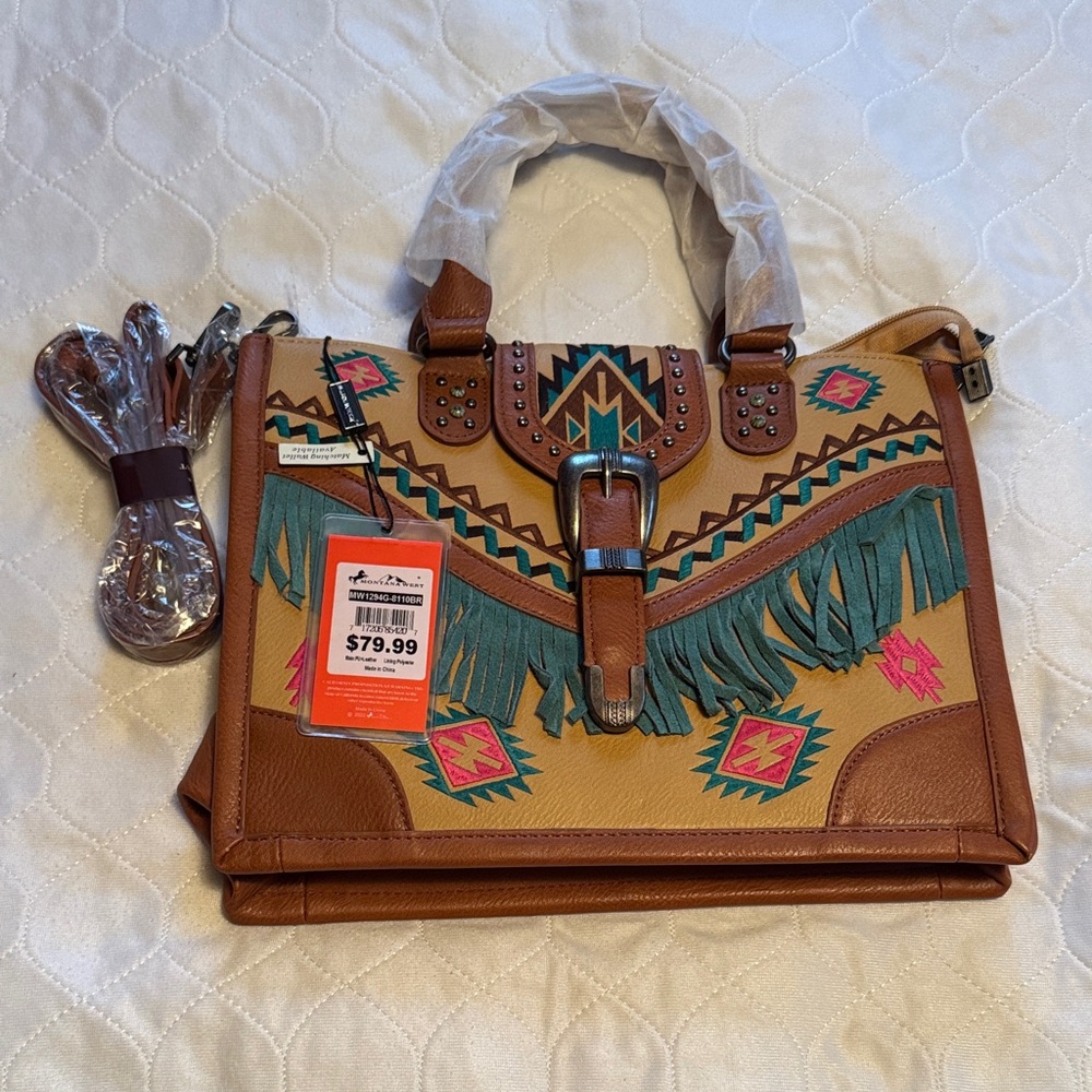 Montana West 
Tan and Teal Women's Bag with Fringe